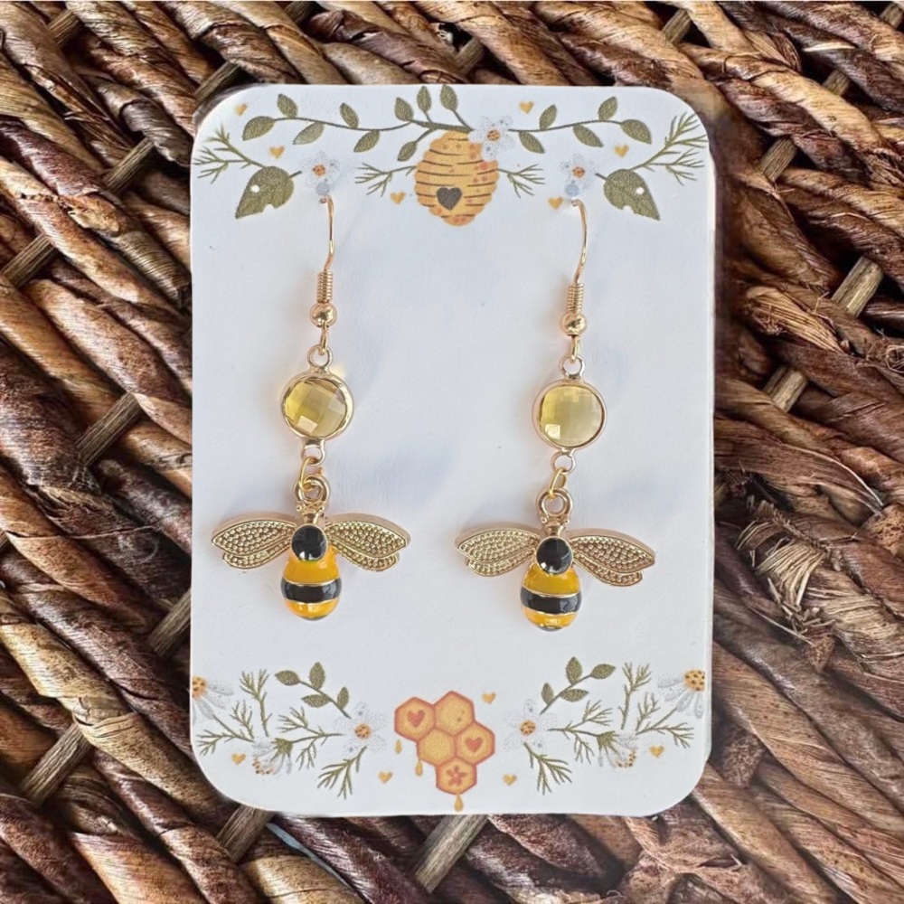 Beautiful New Handmade Bee Dangle Earrings with Sparkly Faux Citrine Gem